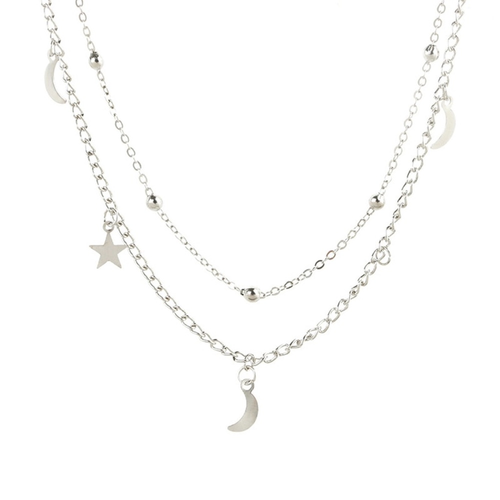 2 Layer Star and Moon Necklace Silver